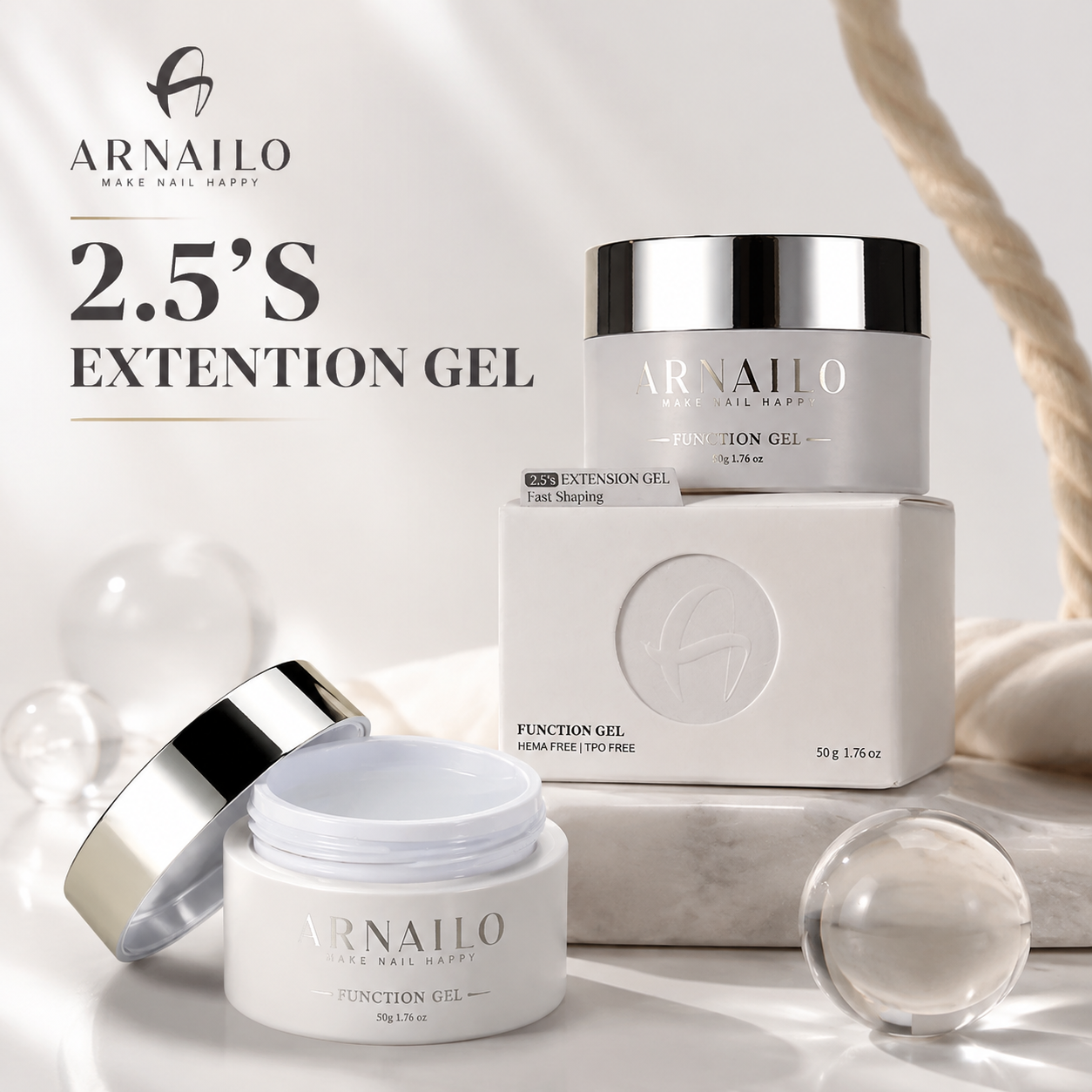 ARNAILO 2.5s Quick Dry Builder Nail Extension Gel Self Leveling HEMA Free No Burn 50g